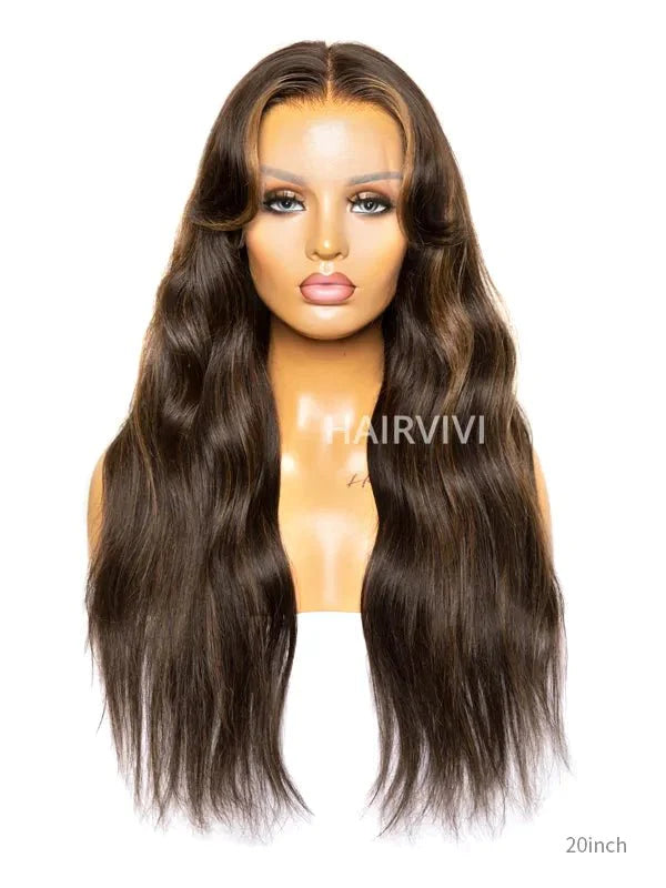 Hairvivi Juniper Lace Front Wigs With Bangs Brown Color With Highlights