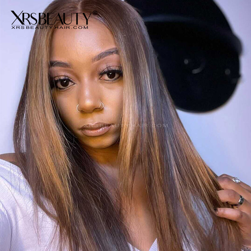 Xrs Beauty Hair Long Layered Straight Light Brown with Blonde Highlights Lace Front Wigs [CFW56]