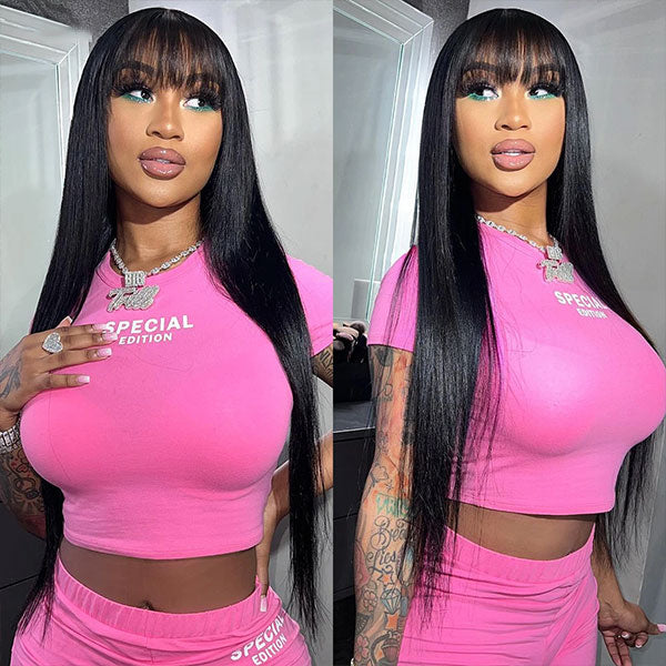 Straight Wig With Bangs Natural Color Straight Human Hair Wig 2X4 Lace Wigs Glueless Wig