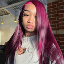 Upgrade 210% Density Purple Money Piece Wig Human Hair 99j Color Hair With Pink Streak Side Part Highlight Wigs