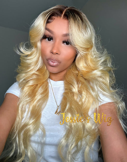 Jessies Wig 4/613 Ombre Blonde Body Wave Lace Front Wigs With Chocolate Brown Roots