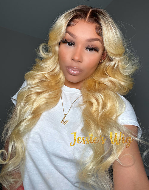 Jessies Wig 4/613 Ombre Blonde Body Wave Lace Front Wigs With Chocolate Brown Roots