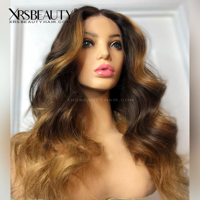 Xrs Beauty Hair Middle Part Wavy Dark Brown with Blonde Highlights Lace Front Wig [CFW75]