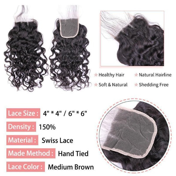 CurlyMe Natural Wave Virgin Human Hair 4 Bundles with 4x4/5x5 Closure Natural Black