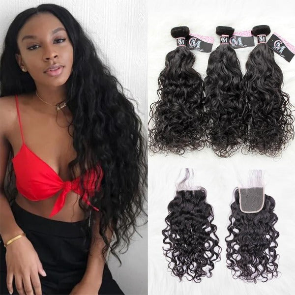 CurlyMe Natural Wave Virgin Human Hair 3 Bundles With 4x4/5x5 Closure Natural Black