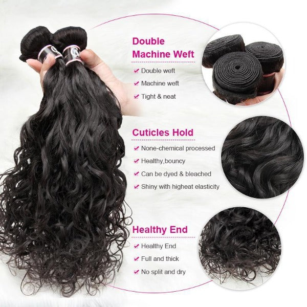 CurlyMe Natural Wave Virgin Human Hair 4 Bundles with 4x4/5x5 Closure Natural Black