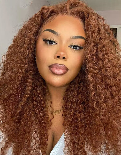 Jessies Wig Ginger Brown Color Jerry Curly 13x4 Lace Frontal Glueless Human Hair Wig