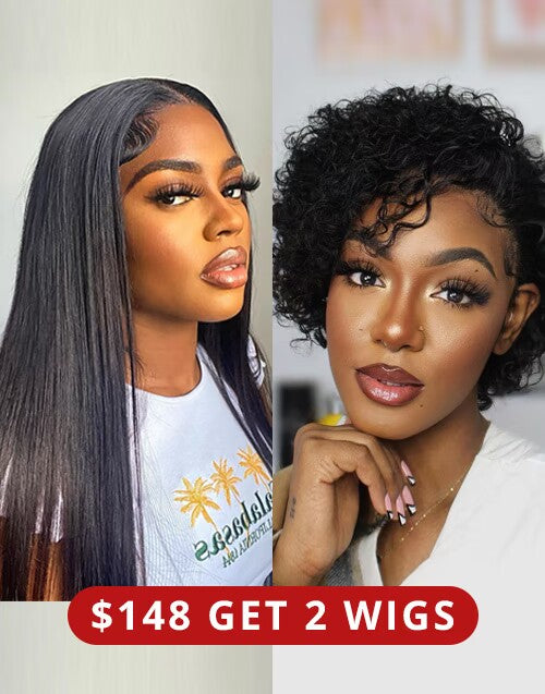 Jessies Wig $148 GET 2 WIGS=18" Straight 4x4 Pre Cut HD Lace Wig+Curly Pixie Cut 4x4 Lace Bob Wig