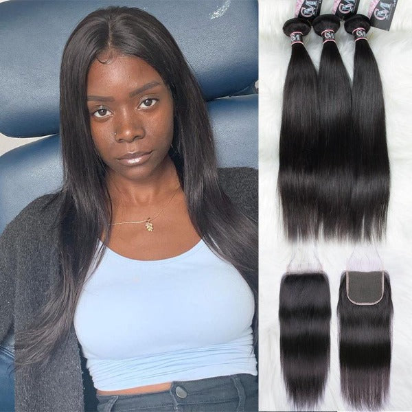 CurlyMe Straight Virgin Human Hair 4 Bundles with 4x4/5x5 Closure Natural Black