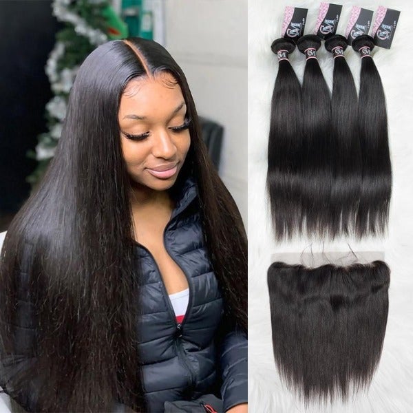 CurlyMe Straight Virgin Human Hair 4 Bundles with 13x4 Frontal Natural Black