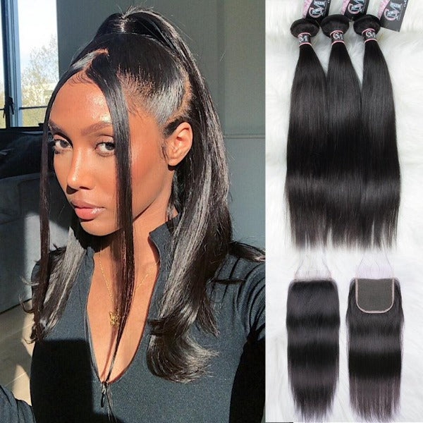 CurlyMe Straight Virgin Human Hair 3 Bundles With 4x4/5x5 Closure Natural Black