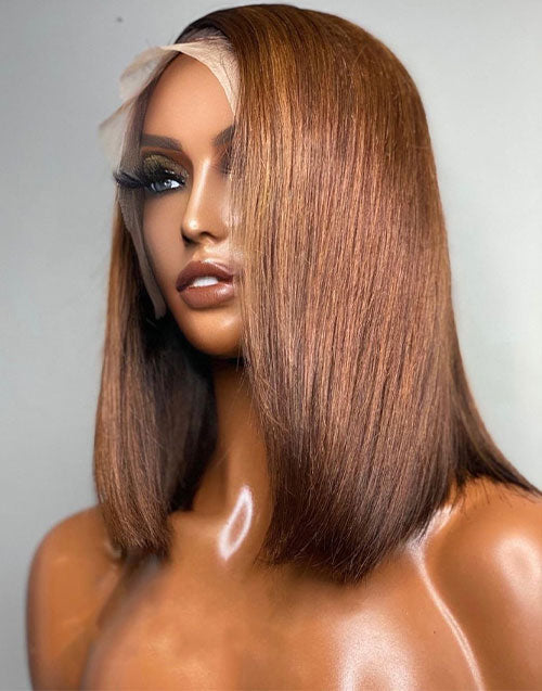 Jessies Wig Side Part Ombre Chocolate Brown Blunt Cut Bob Wig 5x5 Transparent HD Lace Closure Wigs