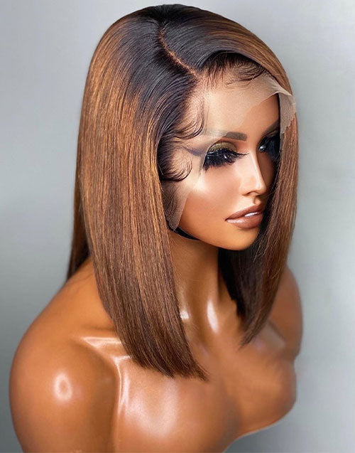 Jessies Wig Side Part Ombre Chocolate Brown Blunt Cut Bob Wig 5x5 Transparent HD Lace Closure Wigs