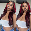 99J Highlight 13X4 Lace Front Human Hair Wig Body Wave Dark Root Burgundy Colored Wig