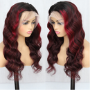 99J Highlight 13X4 Lace Front Human Hair Wig Body Wave Dark Root Burgundy Colored Wig