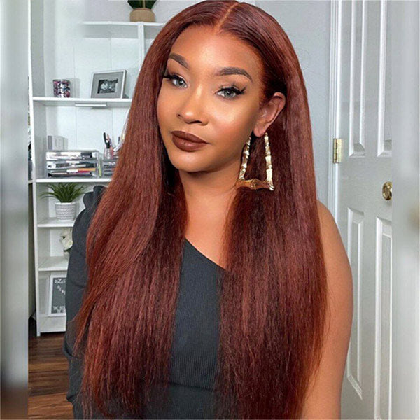 Mslynn #33 Reddish Brown Kinky Straight 13x4 Lace Front Wig Glueless Wig