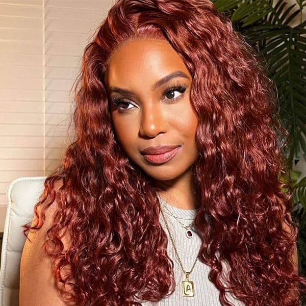 33 Reddish Brown Auburn Water Wave Wig Transparent 13X4 Lace Frontal Wig