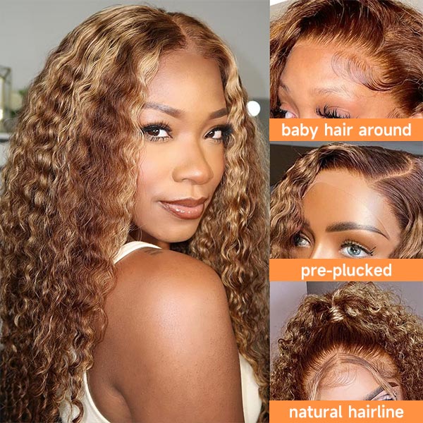 Deep Curly 4/27 Blonde Highlight Wig Transparent 13X4 Lace Front Wig