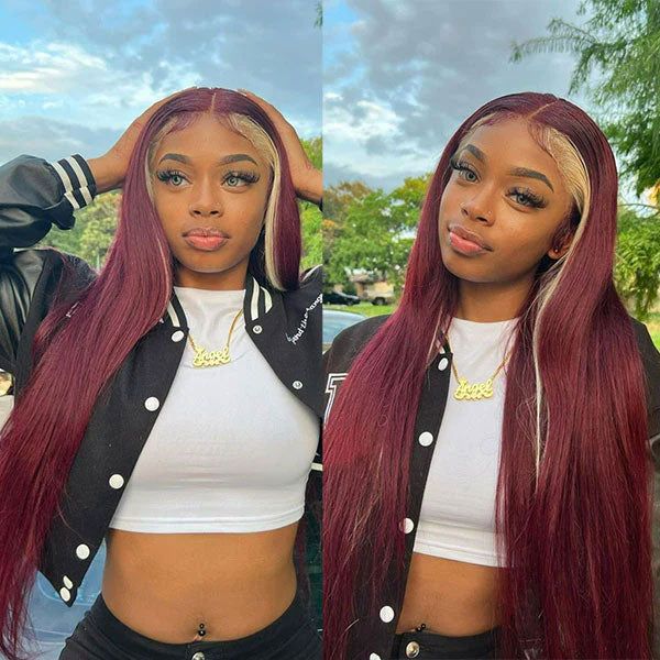 Mslynn 99J Skunk Stripe Wigs 13x4 Lace Wig Body Wave Burgundy 613 Blonde Lace Wig