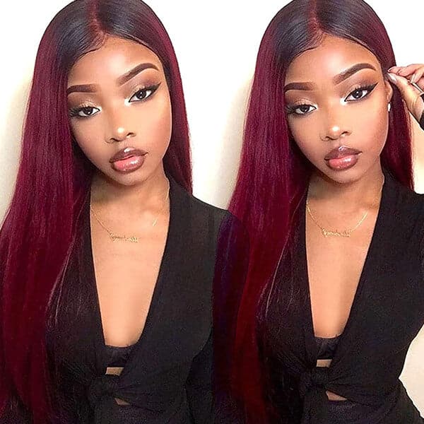 Straight Ombre 1B/99J Burgundy 360 Lace Frontal Wig Straight Human Hair Wigs