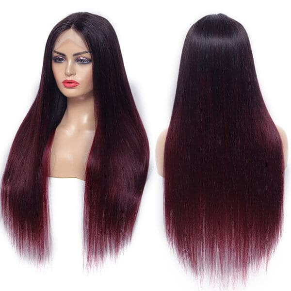 Straight Ombre 1B/99J Burgundy 360 Lace Frontal Wig Straight Human Hair Wigs