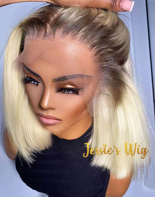 Jessies Wig T4/613 Ombre Blonde Bob Lace Front Wigs With Chocolate Brown Roots