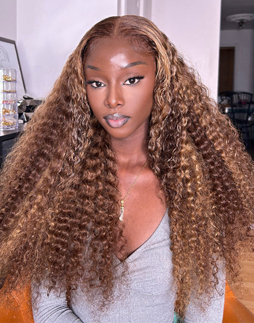 Jessies Wig TIKTOK Highlight Honey Blonde Curly 13x4 Lace Frontal Wig Glueless Human Hair Wig