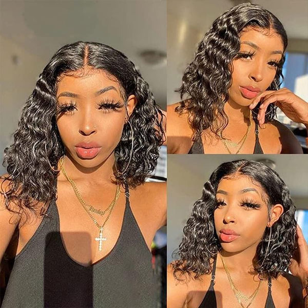 Comb Sale $99.99 T part Lace Frontal Human Hair Straight plus Water Wave Bob Wig