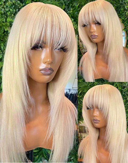 Jessies Wig Wolf Cut 613 Blonde Layered Straight Human Hair Wig With Bangs Glueless Human Hair Wig With Fringe