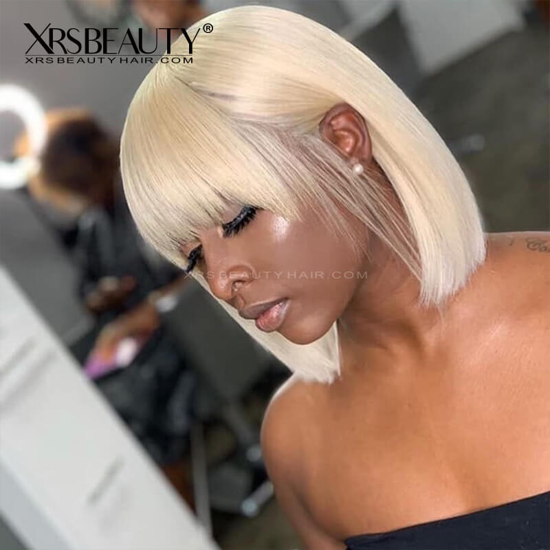 Xrs Beauty Hair Lace Front 613 Blonde Bob Wig With Bangs Straight Remy Human Hair [BOB22]