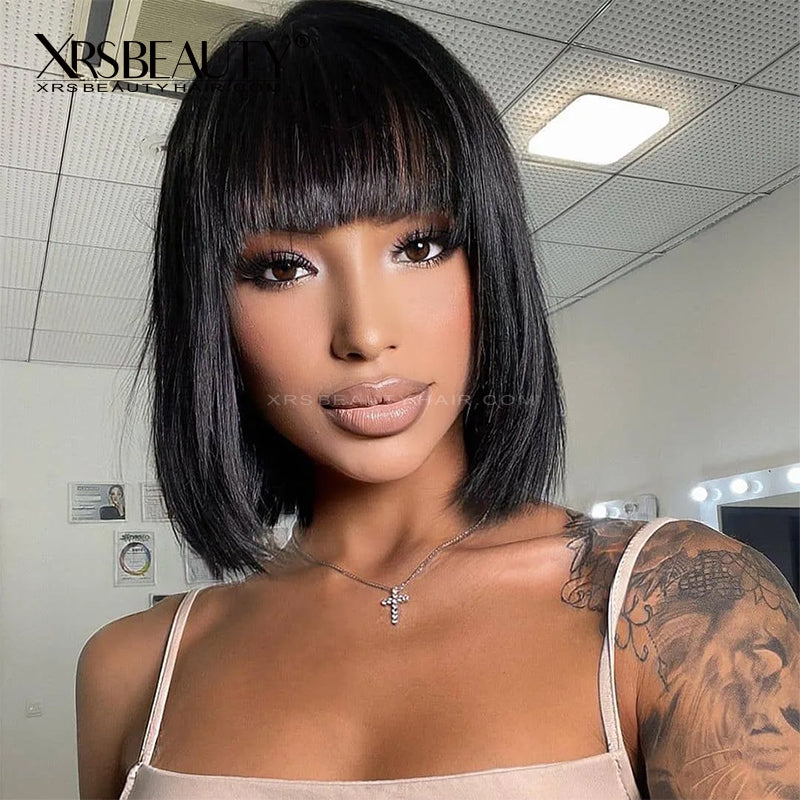 Xrs Beauty Hair Short Straight Bob Human Hair Lace Wig With Bangs [BOB24]