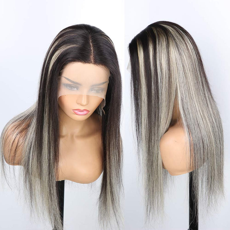 Transparent Platinum Highlights Blonde 13x5x2 T Part Human Hair Wigs 613 Lace Front Wig Ombre Half Black Hair Transparent Lace Wigs