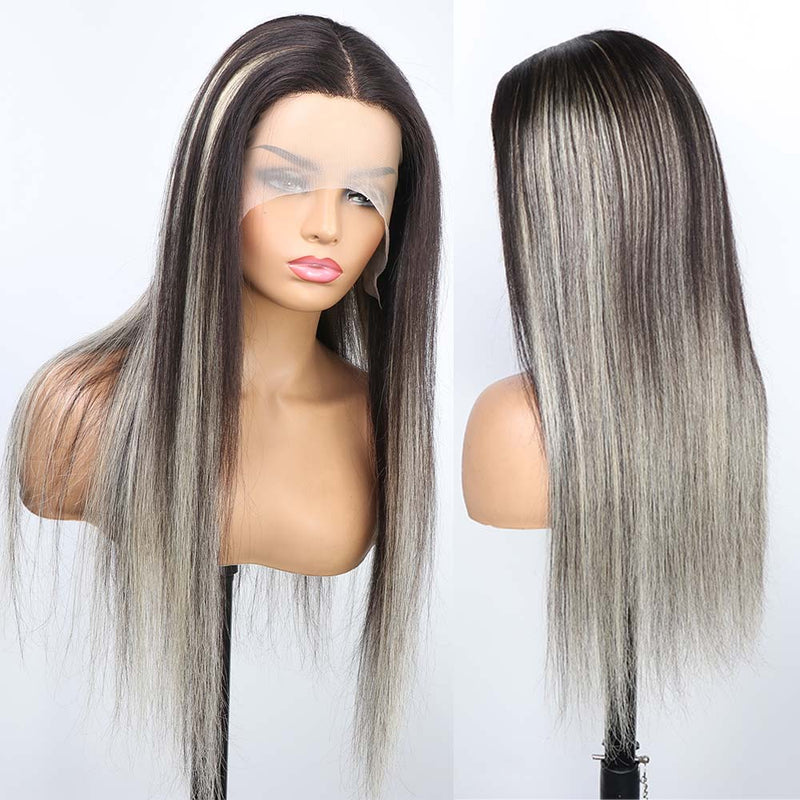 Transparent Platinum Highlights Blonde 13x5x2 T Part Human Hair Wigs 613 Lace Front Wig Ombre Half Black Hair Transparent Lace Wigs