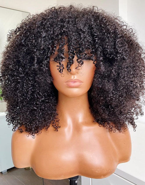 Jessies Wig Double Drawn 4b 3C Afro Kinky Curly Bob Wigs With Bangs Capless Fringe Human Hair Wigs