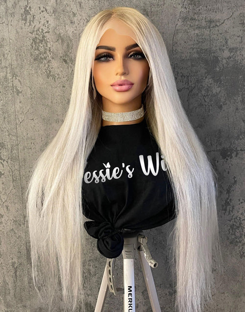 Jessies Wig Ombre Platinum Blonde Color With Short Blended Root Silky Straight Wig Glueless Lace Front Wig