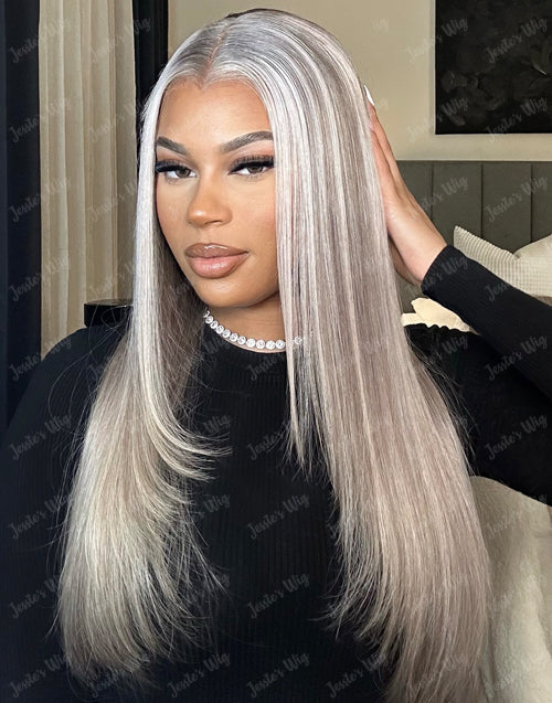 Jessies Wig Glueless Highlight Ash Blonde With Grey Roots Ombre Colored Straight 13x4 Lace Frontal Wig