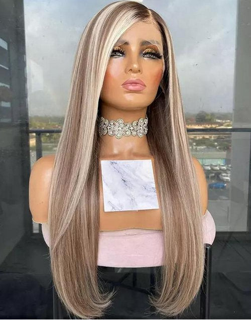 Jessies Wig Glueless Ombre Ash Blonde Highlight 13x4 Lace Front Wig With Dark Roots