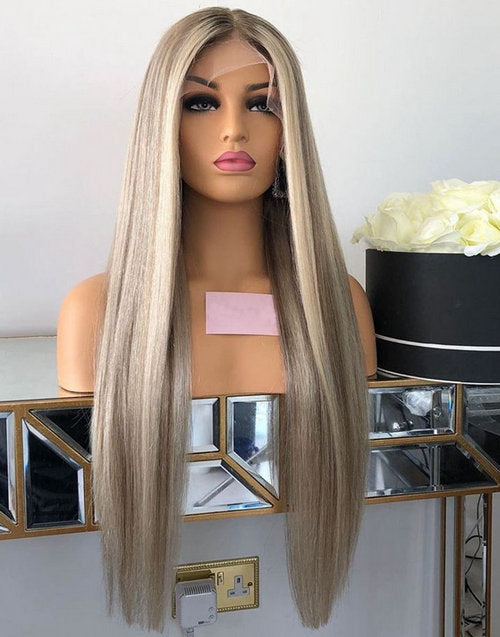 Jessies Wig Glueless Ash Blonde Wig With Dark Roots Ombre Colored Straight 13x4 Lace Frontal Wig