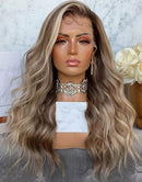 Jessies Wig Highlight Blonde Wavy Human Hair Wig With Dark Roots Body Wave Lace Front Wigs