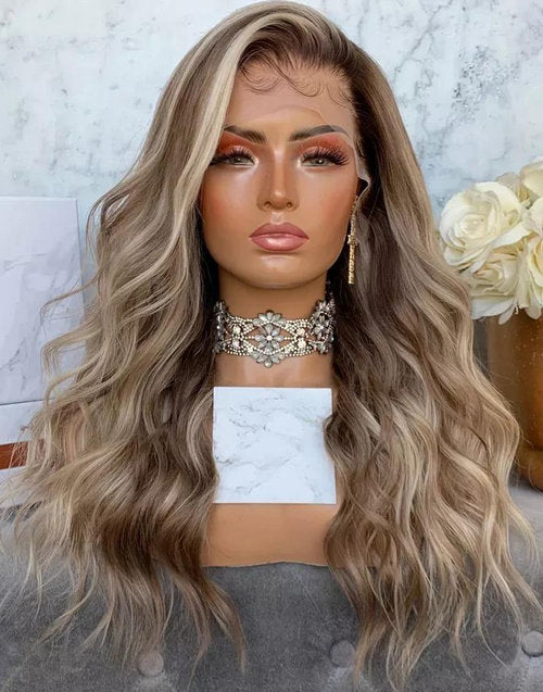 Jessies Wig Highlight Blonde Wavy Human Hair Wig With Dark Roots Body Wave Lace Front Wigs