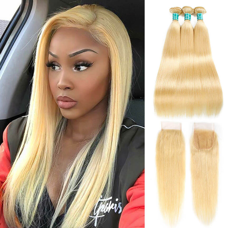 Ali Grace Straight Hair Bundles 3 Pcs With 4x4 Lace Closure Blonde Color