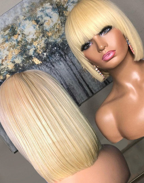 Jessies Wig Blonde Bob Cut Human Hair Lace Front Closure Wigs With Bang