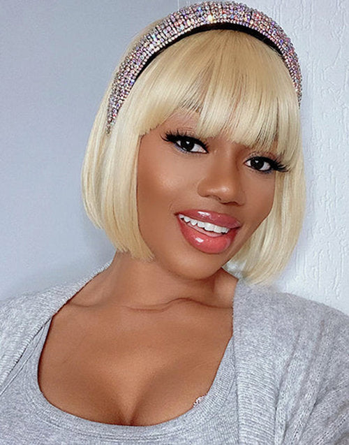 Jessies Wig Blonde Bob Cut Human Hair Lace Front Closure Wigs With Bang