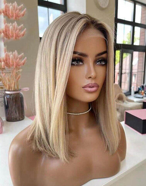 Jessies Wig Ombre Ash Blonde Straight 13x4 Lace Front Bob Wig Glueless Human Hair Wigs