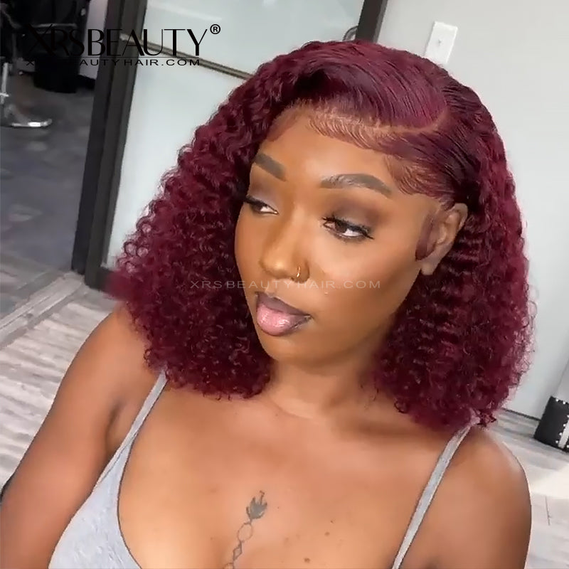 Xrs Beauty Hair Burgundy Curly Human Hair Bob Lace Front Wig 14 Inch 200 Desnity[BOB07]