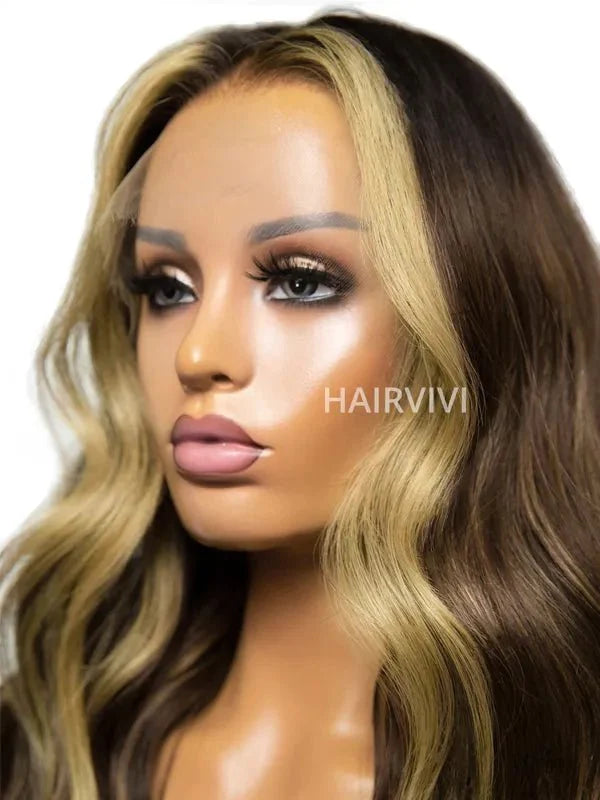 Hairvivi Amy Brown Hair With Blonde Highlights Invisible Scalp 13x4.5 Lace Frontal Wig