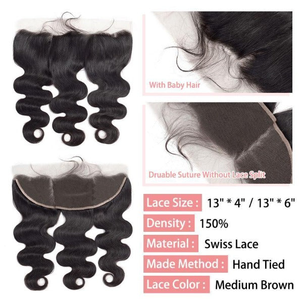 CurlyMe Body Wave Virgin Human Hair 3 Bundles With 13x4 Frontal Natural Black