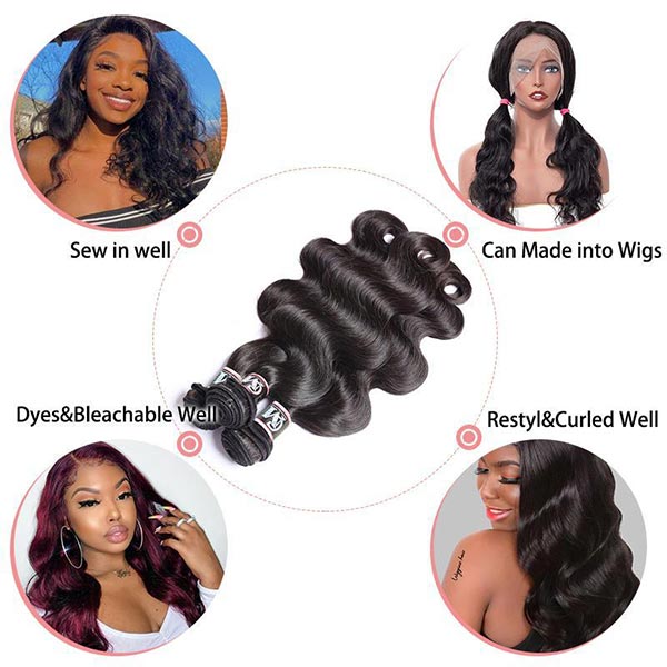 Natural Black Body Wave Bundles 1/3/4Pcs Hair Extensions