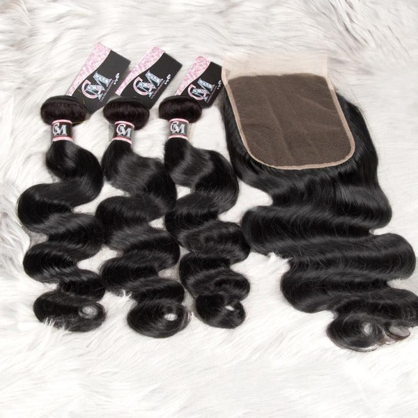 CurlyMe Body Wave Virgin Human Hair 3 Bundles With 4x4/5x5 Closure Natural Black