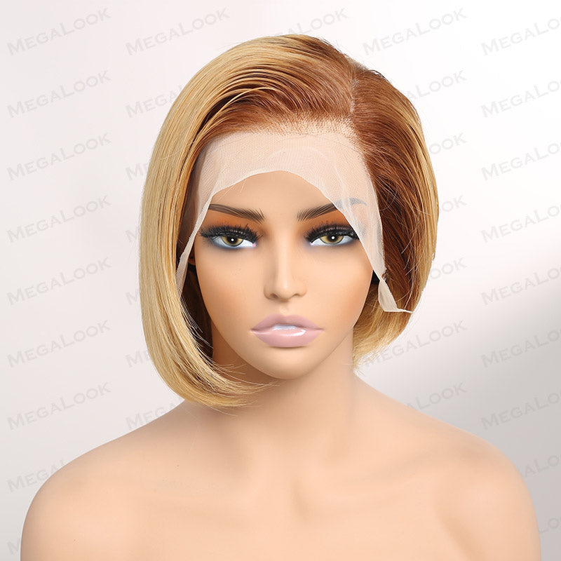 {Super Deal }Megalook Fashionable Colored Wave Bob Free Part 13x4 Transparent Lace Frontal Human Hair Wigs